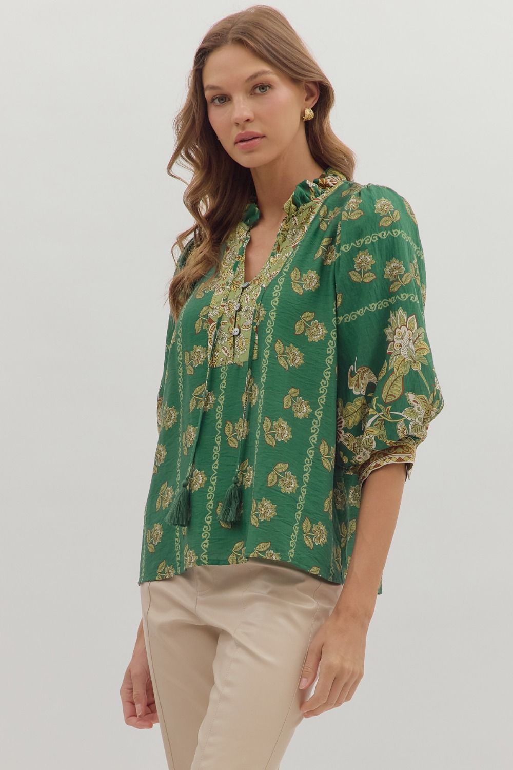 ENTRO INC Women's Top Botanical Print ¾ Sleeve Top || David's Clothing