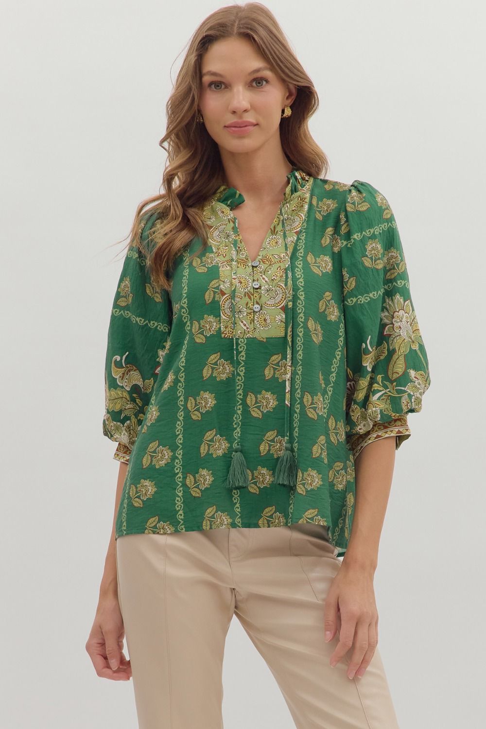 ENTRO INC Women's Top Botanical Print ¾ Sleeve Top || David's Clothing