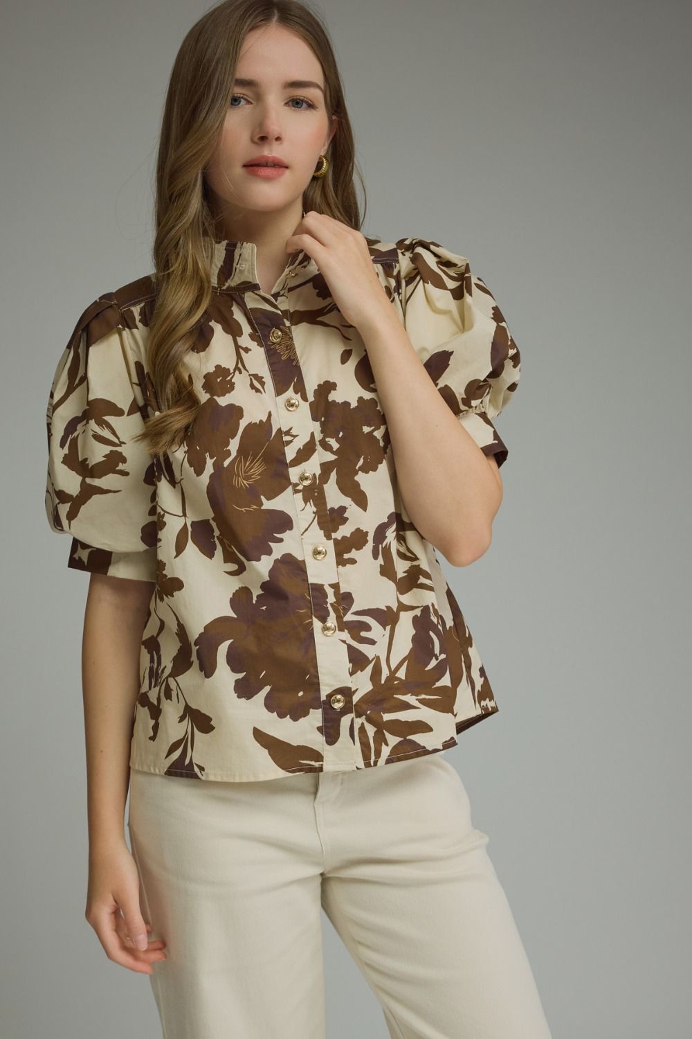ENTRO INC Women's Top BROWN / S Printed short puff sleeve top T32550