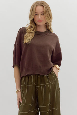 ENTRO INC Women's Top BROWN / S Solid Sweater Knit ¾ Wide Sleeve Pullover T27618