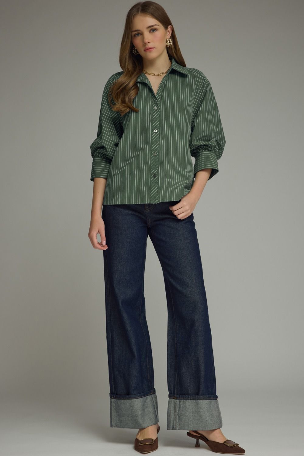 ENTRO INC Women's Top Bunched Sleeve Striped Button Down Top
