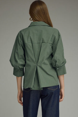 ENTRO INC Women's Top Bunched Sleeve Striped Button Down Top