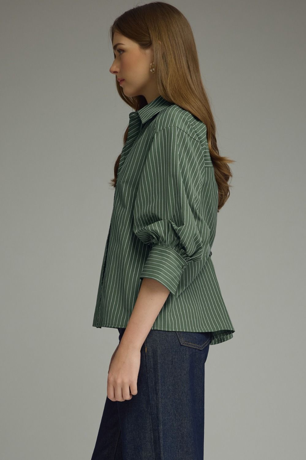 ENTRO INC Women's Top Bunched Sleeve Striped Button Down Top