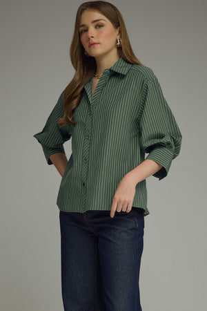 ENTRO INC Women's Top Bunched Sleeve Striped Button Down Top