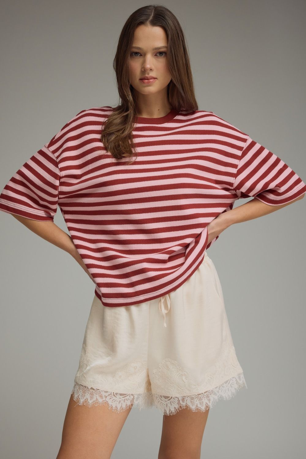 ENTRO INC Women's Top BURGUNDY / S Ribbed Striped Short Sleeve Top T31806