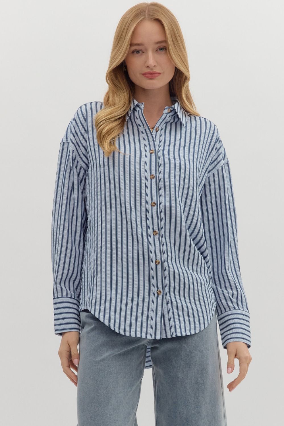 ENTRO INC Women's Top Chambray / S Textured Striped Long Sleeve Button Down Collar Shirt T27667