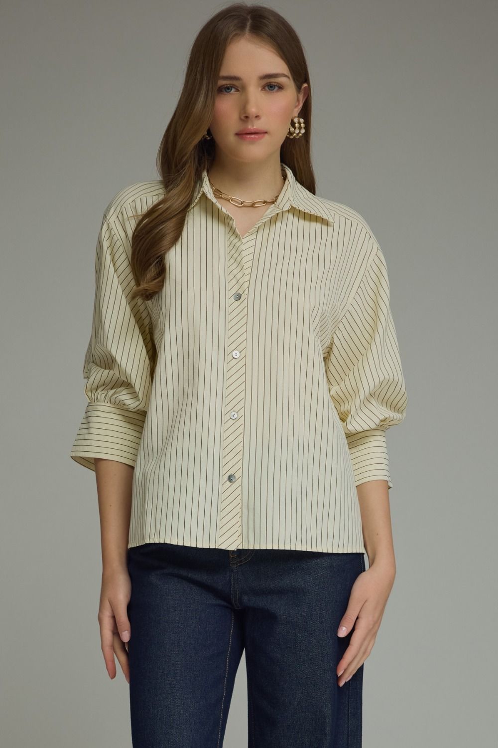 ENTRO INC Women's Top ECRU / S Bunched Sleeve Striped Button Down Top T32328