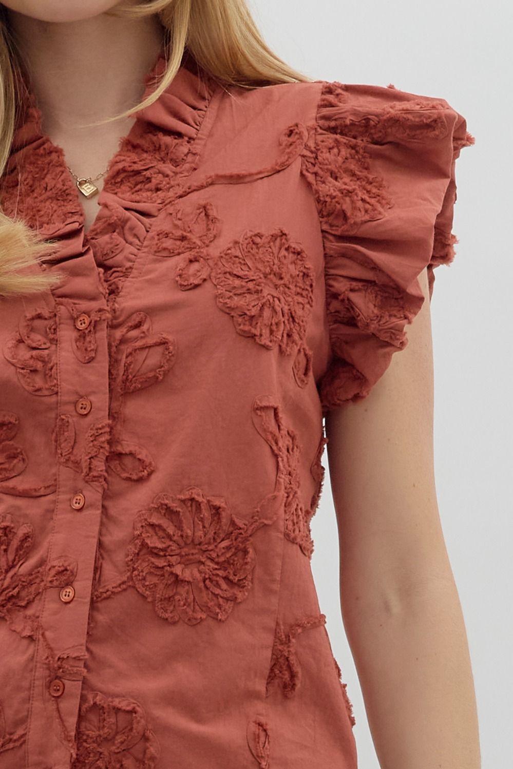 ENTRO INC Women's Top Floral Appliqué Bubble Flutter Sleeve Top || David's Clothing