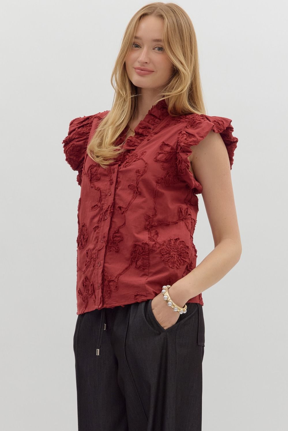 ENTRO INC Women's Top Floral Embroidered Bubble Flutter Sleeve Top