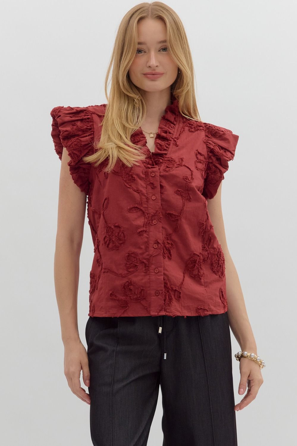 ENTRO INC Women's Top Floral Embroidered Bubble Flutter Sleeve Top