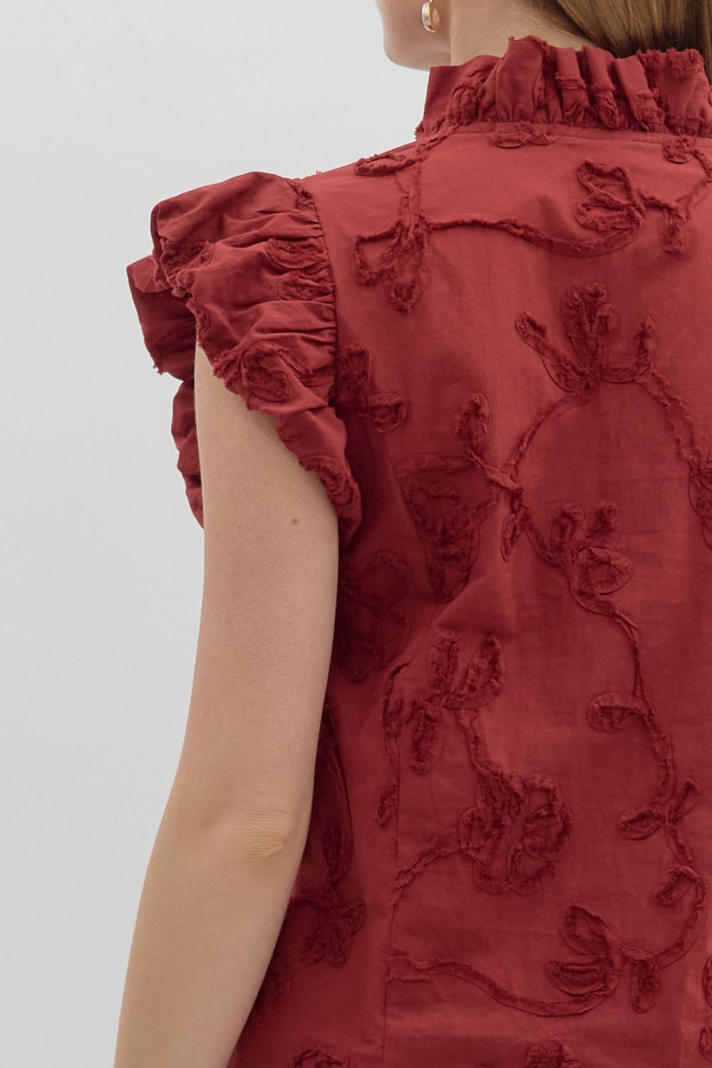 ENTRO INC Women's Top Floral Embroidered Bubble Flutter Sleeve Top