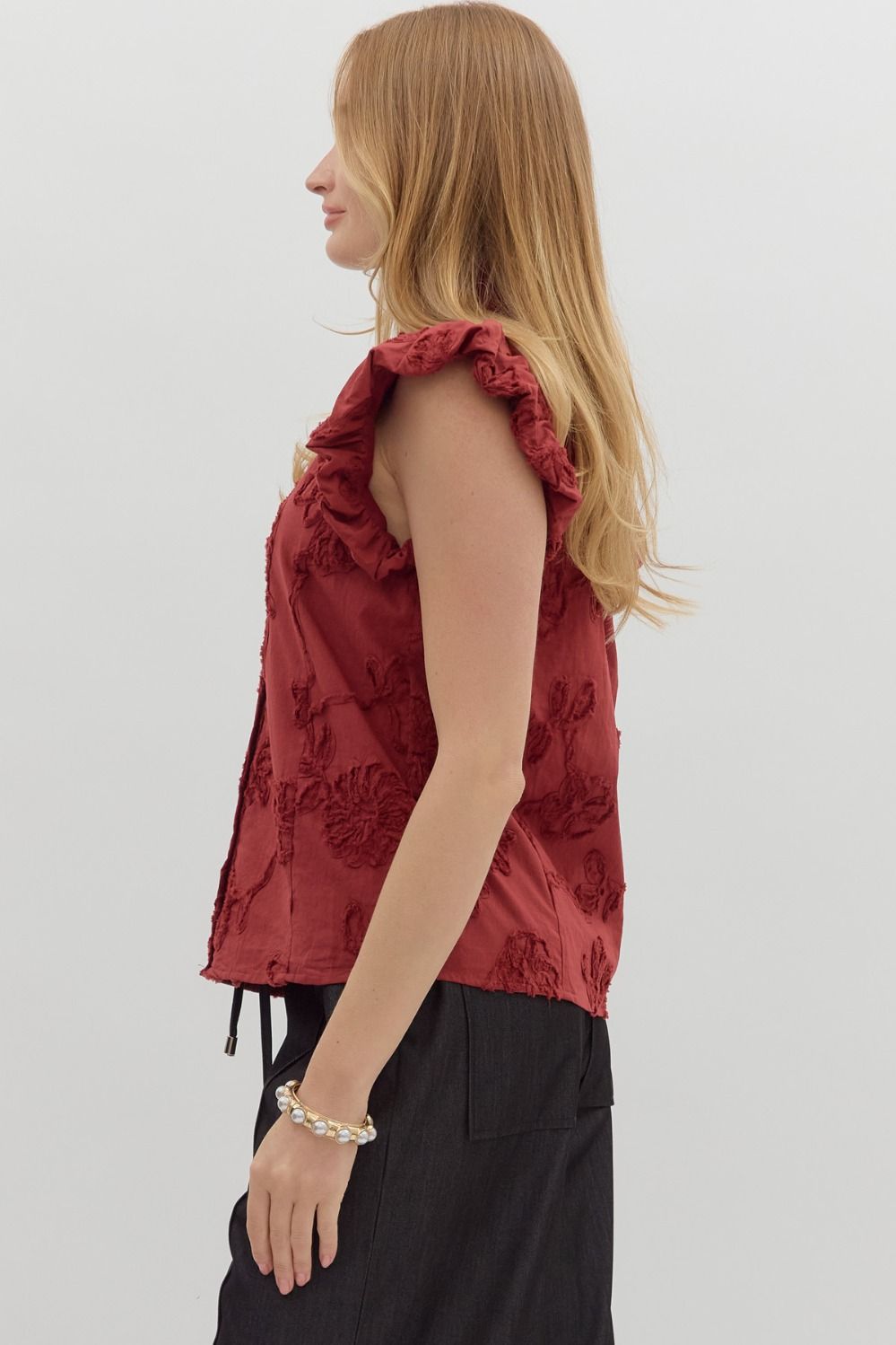 ENTRO INC Women's Top Floral Embroidered Bubble Flutter Sleeve Top