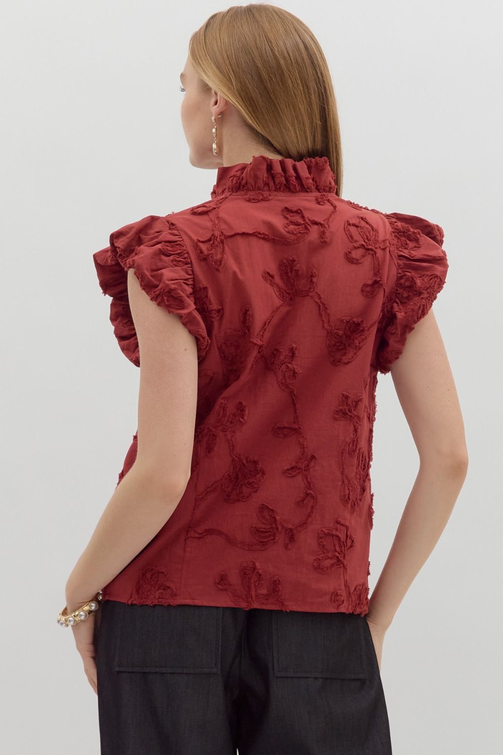 ENTRO INC Women's Top Floral Embroidered Bubble Flutter Sleeve Top