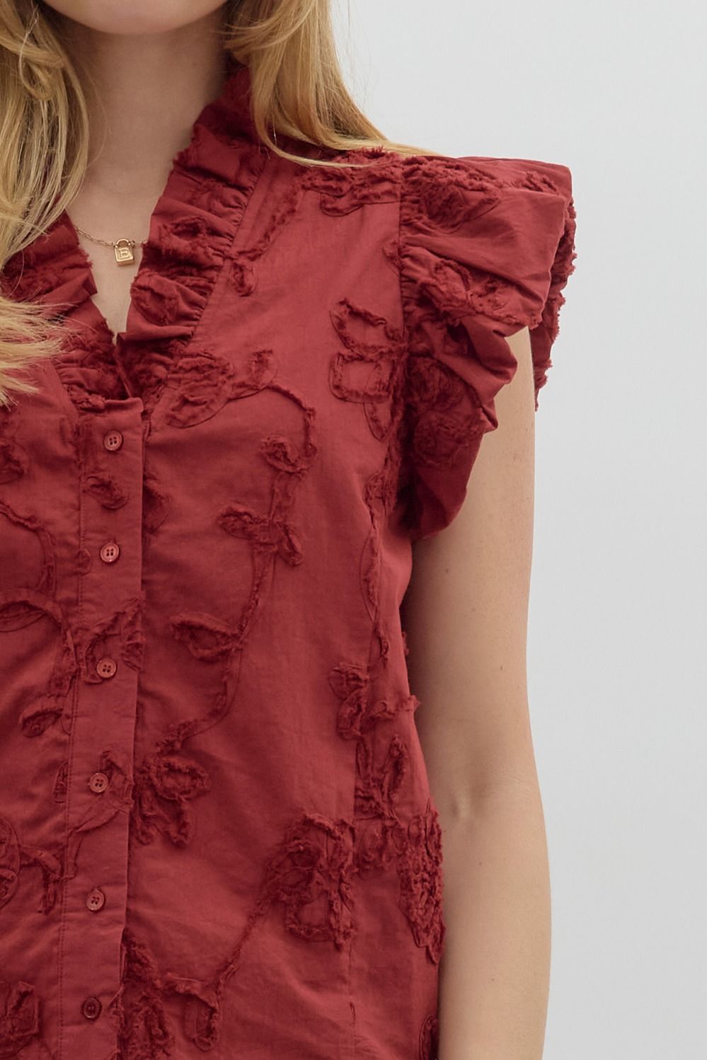 ENTRO INC Women's Top Floral Embroidered Bubble Flutter Sleeve Top