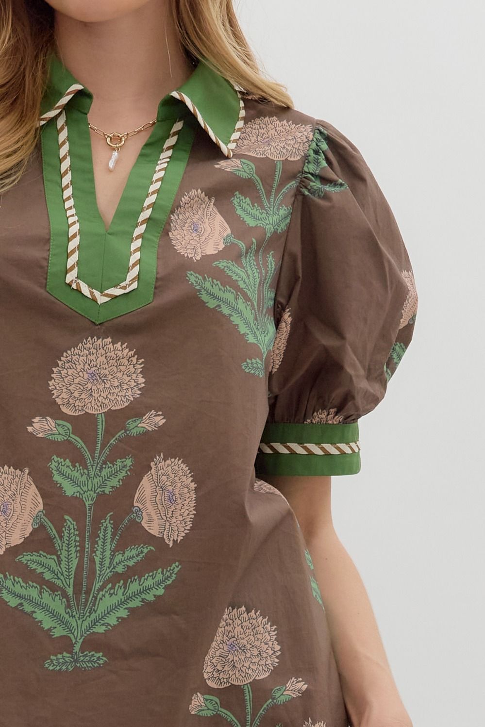 ENTRO INC Women's Top Floral Print Short Bubble Sleeve Top