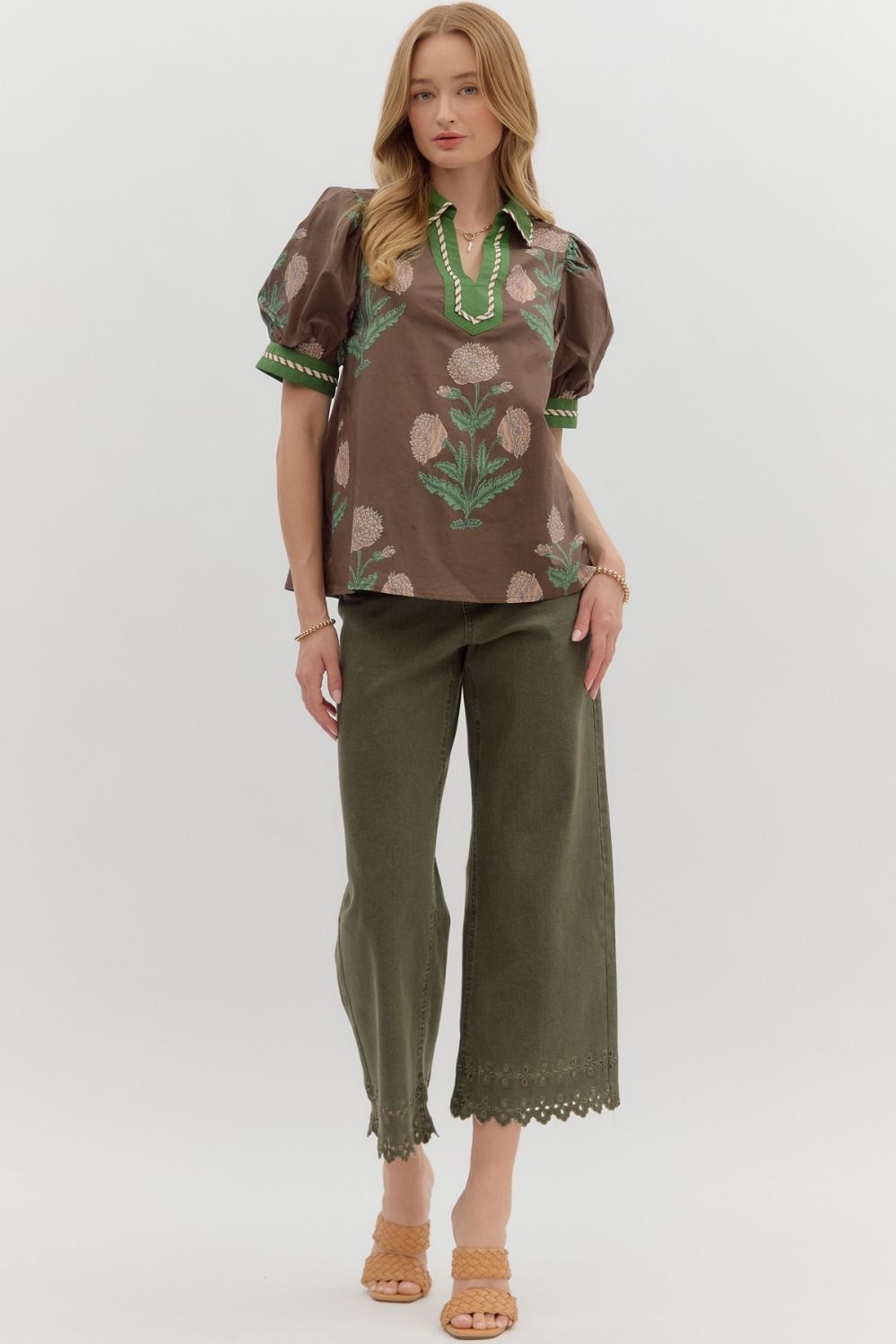 ENTRO INC Women's Top Floral Print Short Bubble Sleeve Top