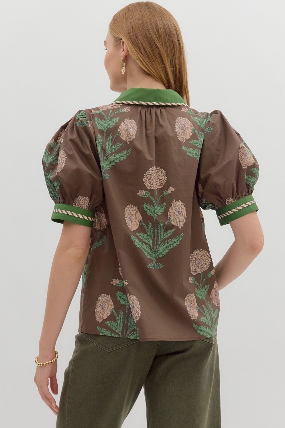 ENTRO INC Women's Top Floral Print Short Bubble Sleeve Top