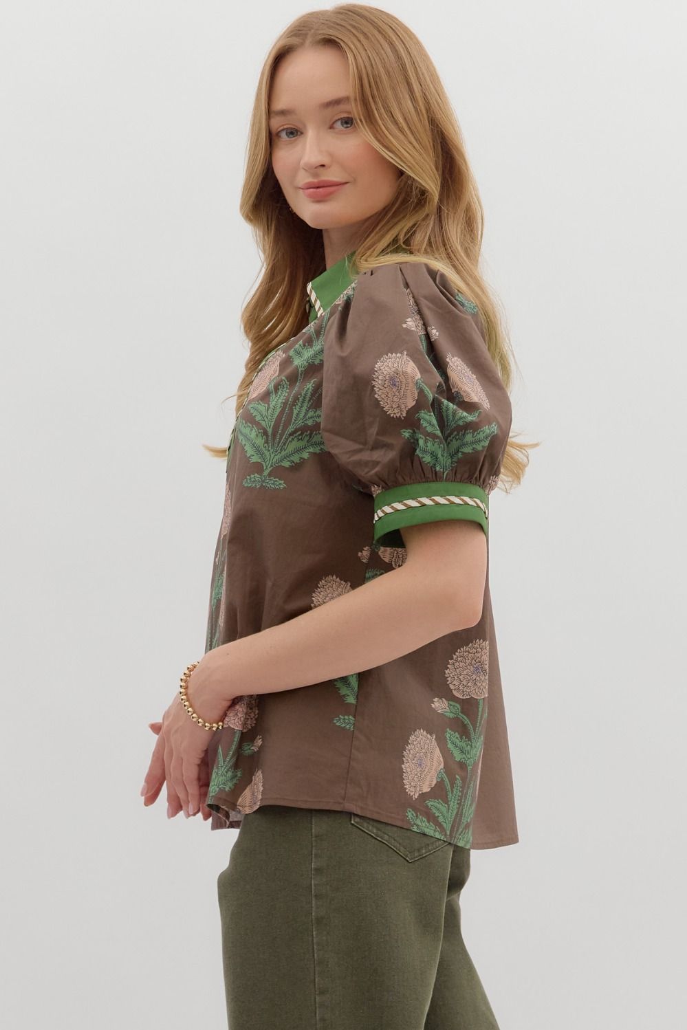 ENTRO INC Women's Top Floral Print Short Bubble Sleeve Top