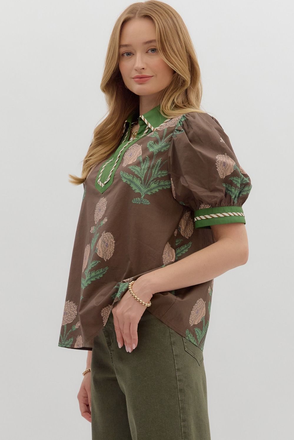 ENTRO INC Women's Top Floral Print Short Bubble Sleeve Top