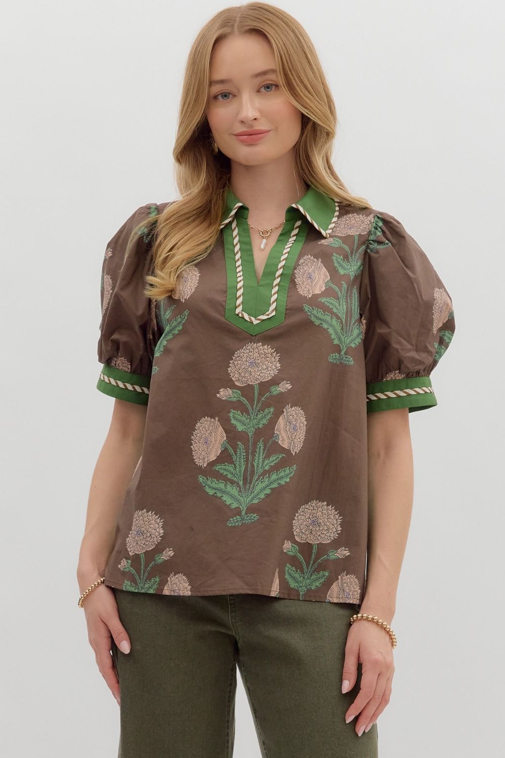 ENTRO INC Women's Top Floral Print Short Bubble Sleeve Top