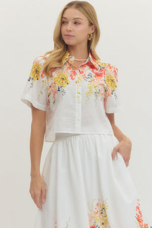 ENTRO INC Women's Top Floral Print Short Sleeve Collared Top