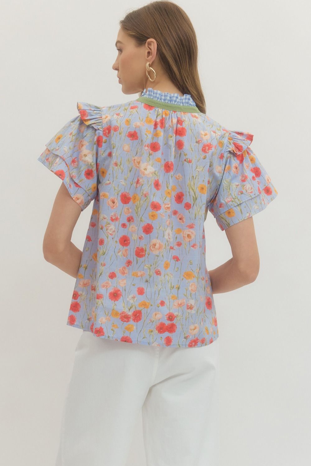 ENTRO INC Women's Top Floral Print Tiered Flutter Sleeve Top