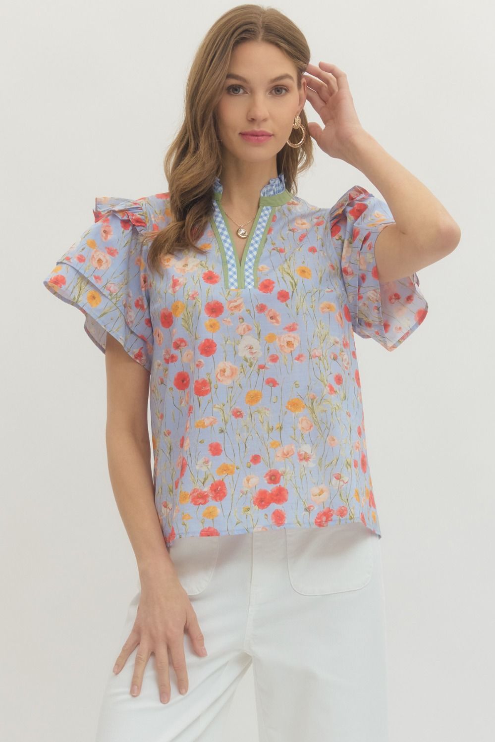 ENTRO INC Women's Top Floral Print Tiered Flutter Sleeve Top