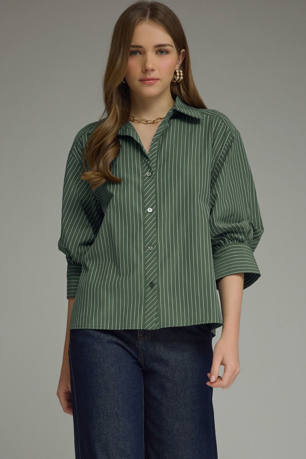 ENTRO INC Women's Top ECRU / S Bunched Sleeve Striped Button Down Top T32328