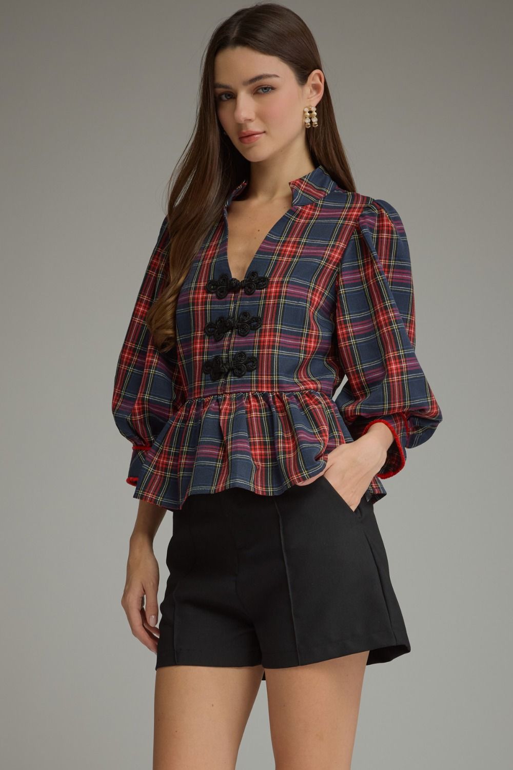 ENTRO INC Women's Top Holiday Plaid Peplum Top with Traditional Knot Details
