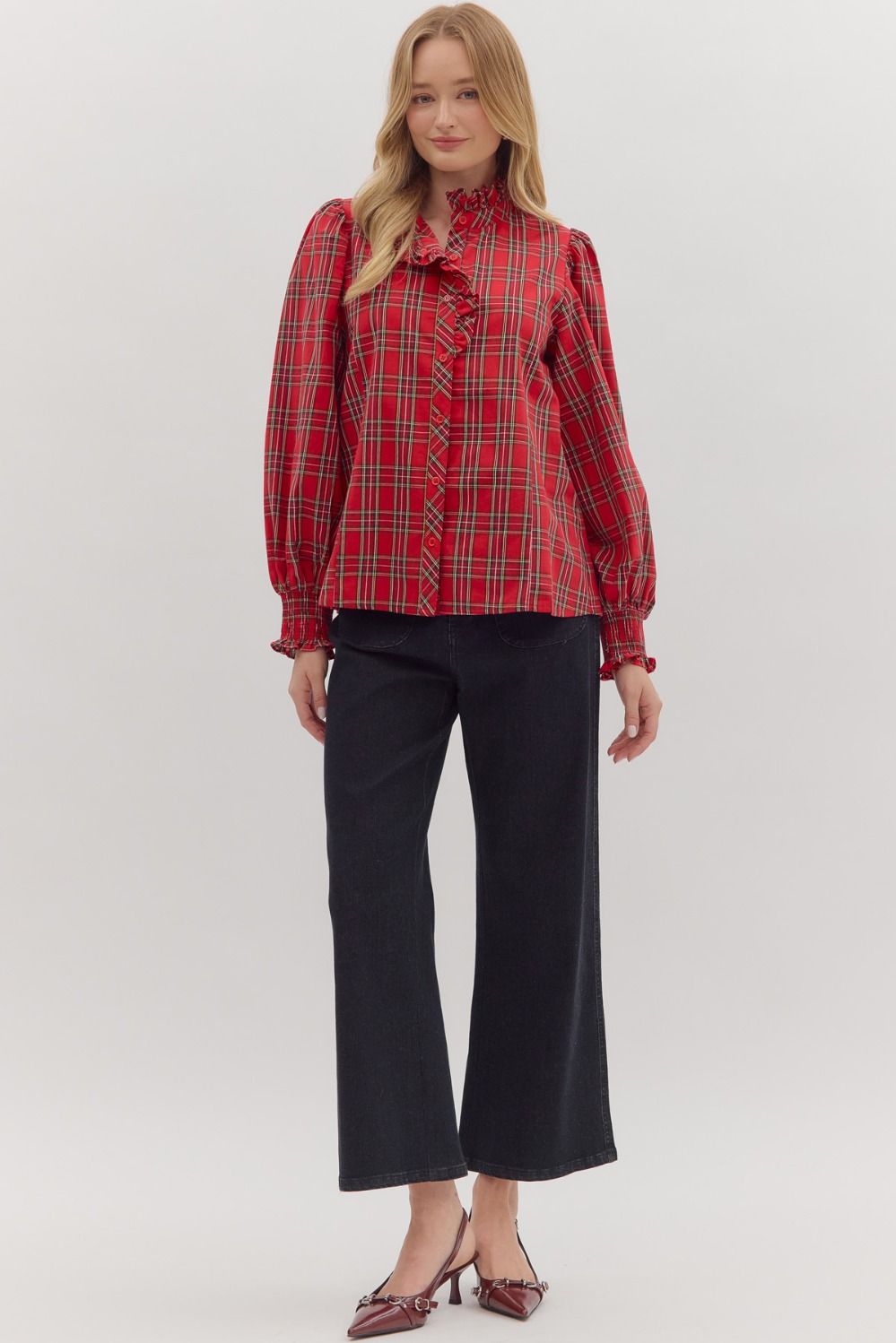 ENTRO INC Women's Top Long Sleeve Ruffle Cuff Plaid Top