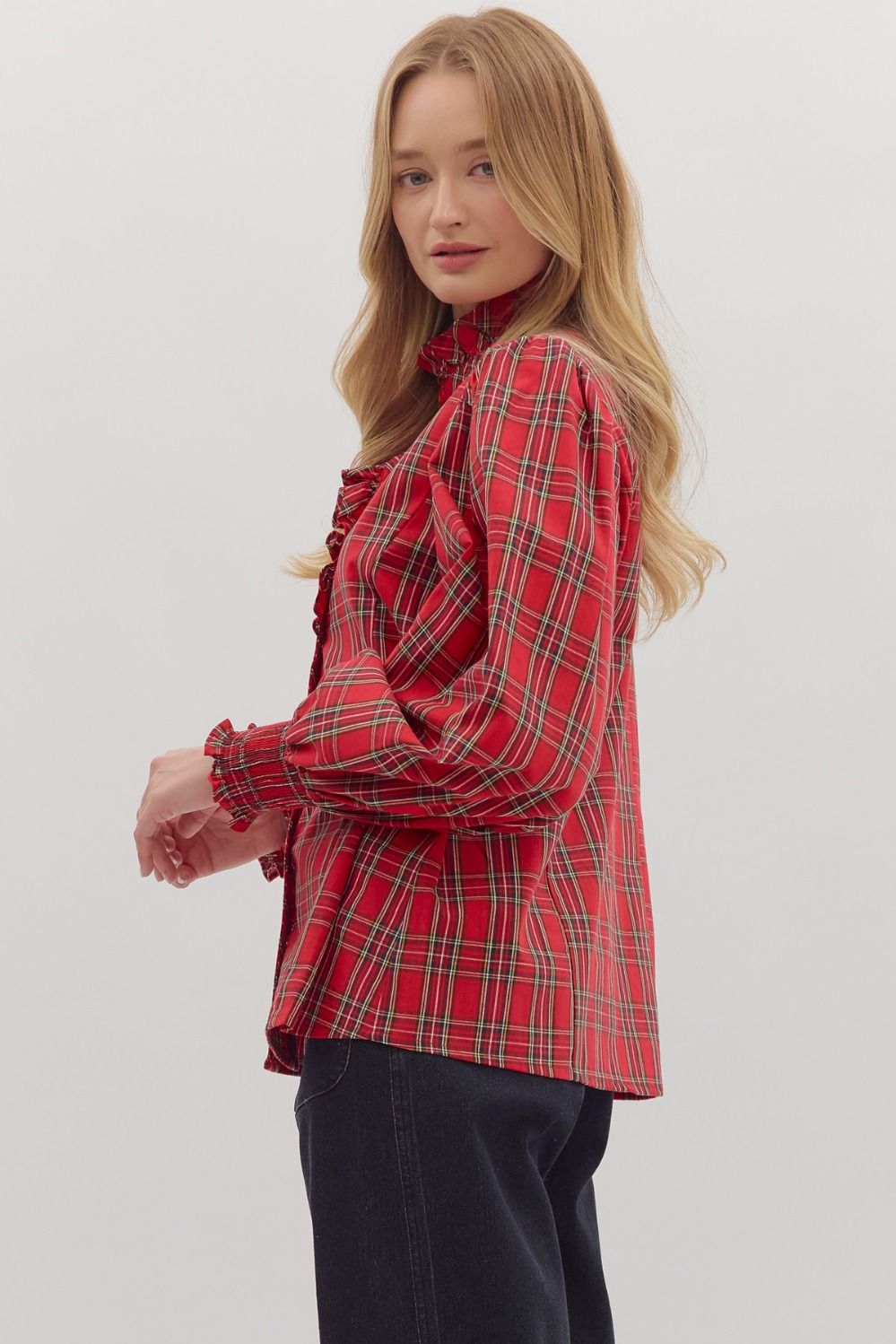 ENTRO INC Women's Top Long Sleeve Ruffle Cuff Plaid Top