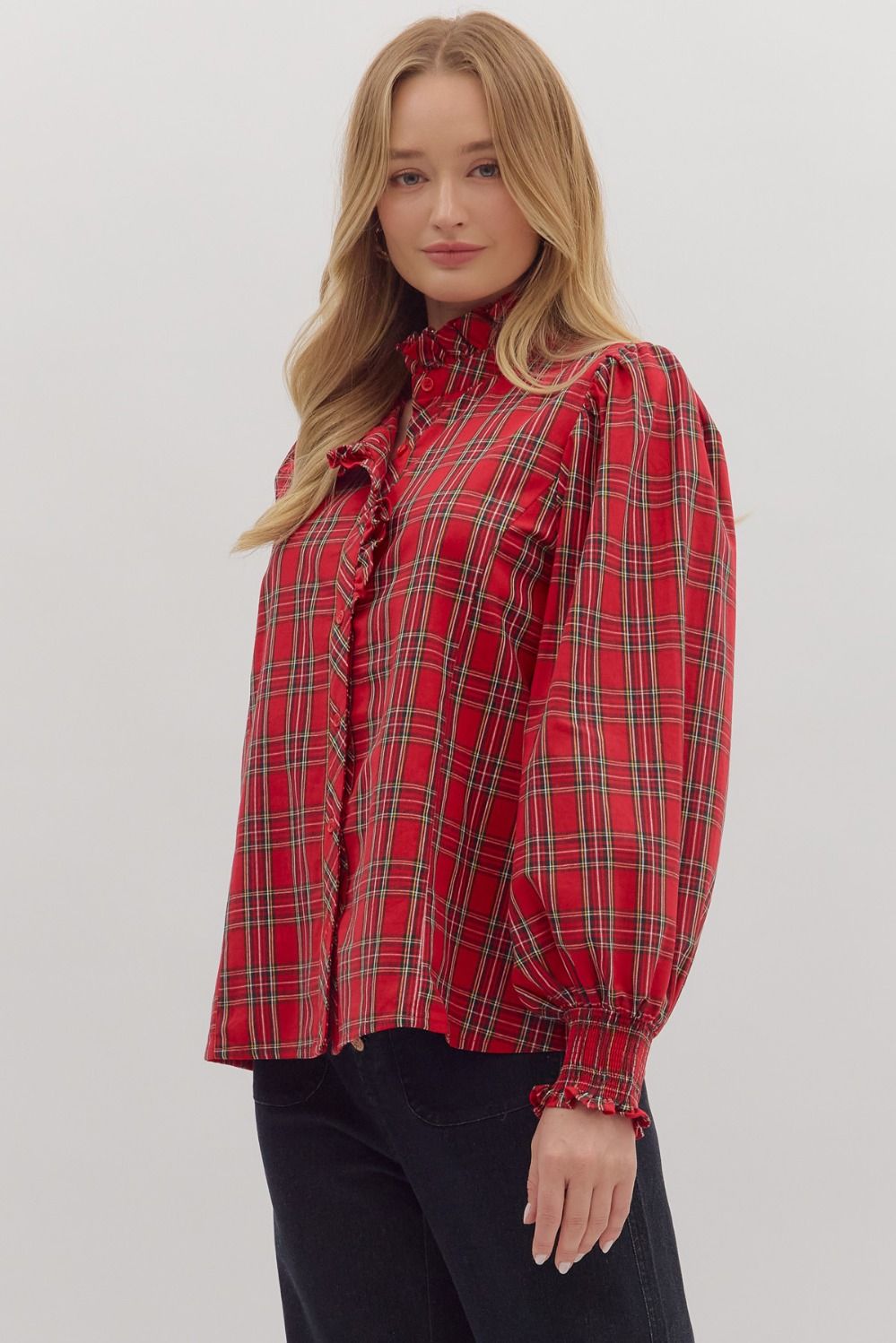 ENTRO INC Women's Top Long Sleeve Ruffle Cuff Plaid Top