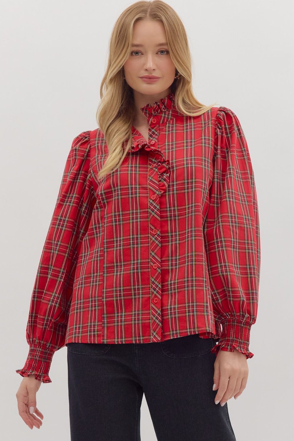 ENTRO INC Women's Top Long Sleeve Ruffle Cuff Plaid Top