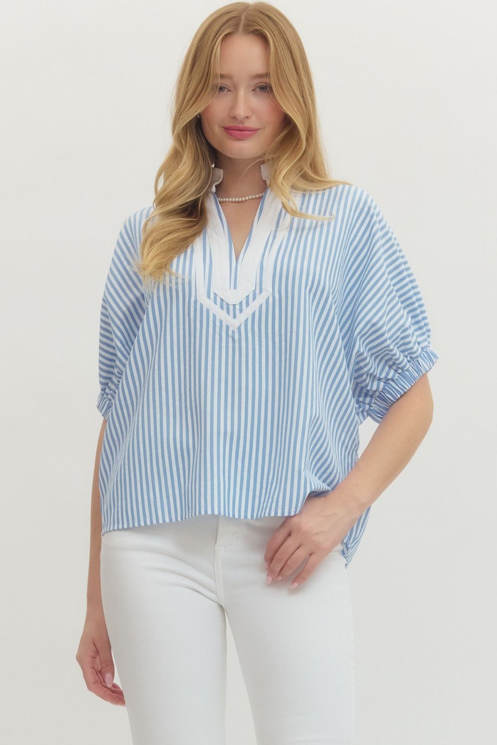 ENTRO INC Women's Top LT BLUE / S Striped Short Dolman Sleeve Top T27620