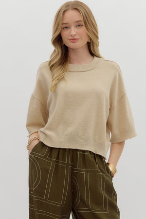 ENTRO INC Women's Top OATMEAL / S Solid Sweater Knit ¾ Wide Sleeve Pullover T27618