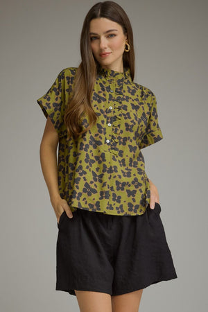 ENTRO INC Women's Top OLIVE / S Floral Print Short Sleeve Top T33002