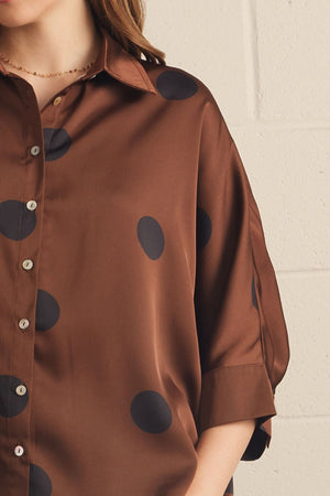 ENTRO INC Women's Top Polka Dot Collared 3/4 Sleeve Button Top