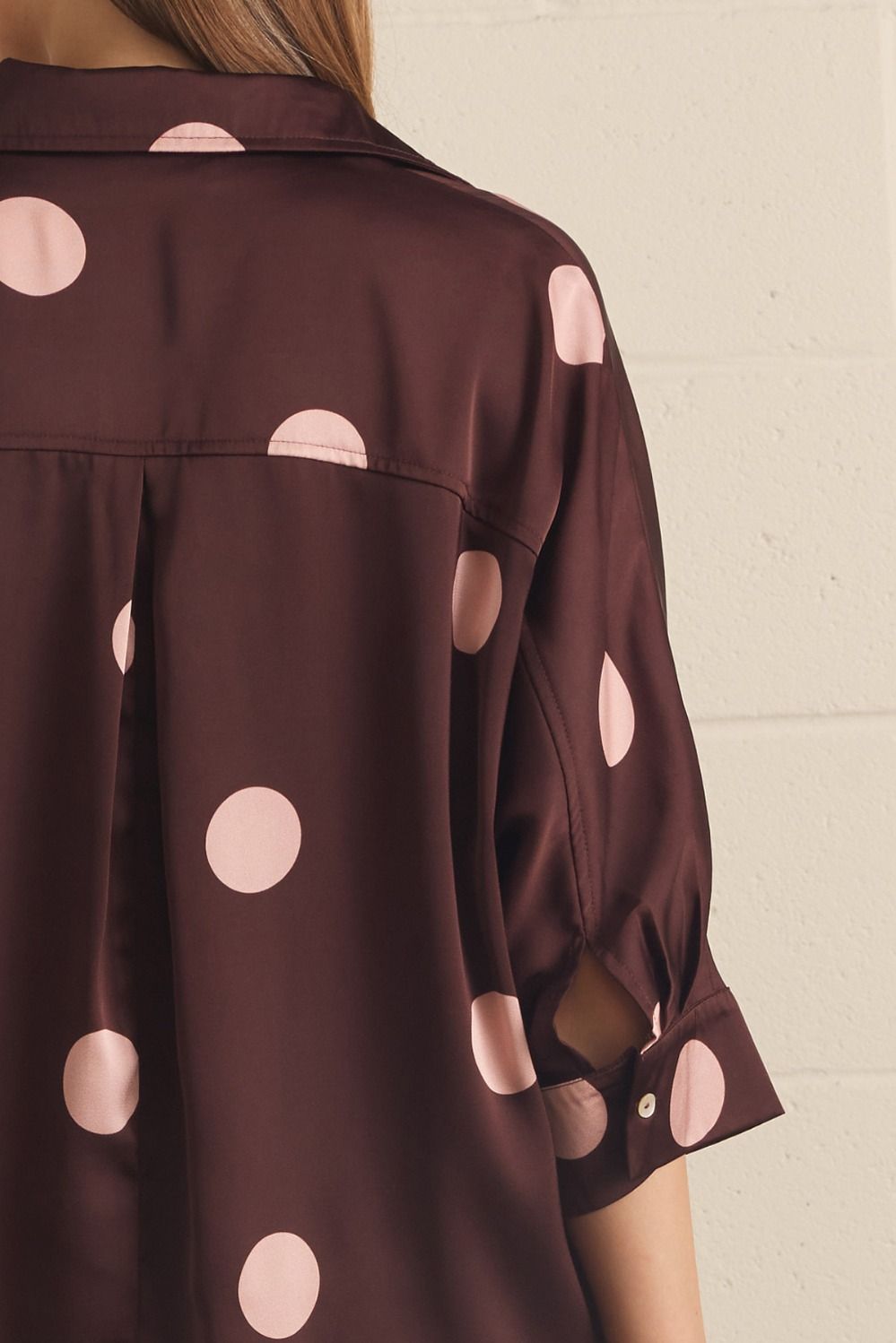 ENTRO INC Women's Top Polka Dot Collared 3/4 Sleeve Button Top