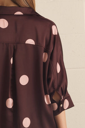 ENTRO INC Women's Top Polka Dot Collared 3/4 Sleeve Button Top