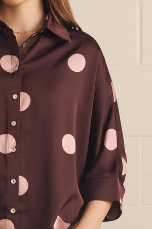ENTRO INC Women's Top Polka Dot Collared 3/4 Sleeve Button Top