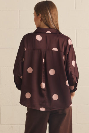 ENTRO INC Women's Top Polka Dot Collared 3/4 Sleeve Button Top