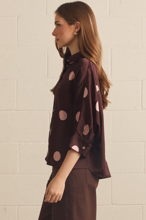 ENTRO INC Women's Top Polka Dot Collared 3/4 Sleeve Button Top