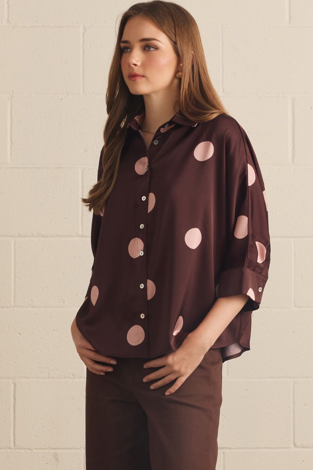 ENTRO INC Women's Top BURGUNDY / S Polka Dot Collared 3/4 Sleeve Button Top T32212BU