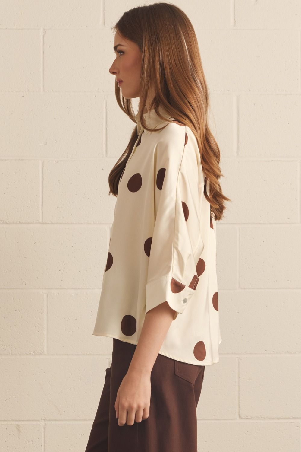 ENTRO INC Women's Top Polka Dot Collared 3/4 Sleeve Top