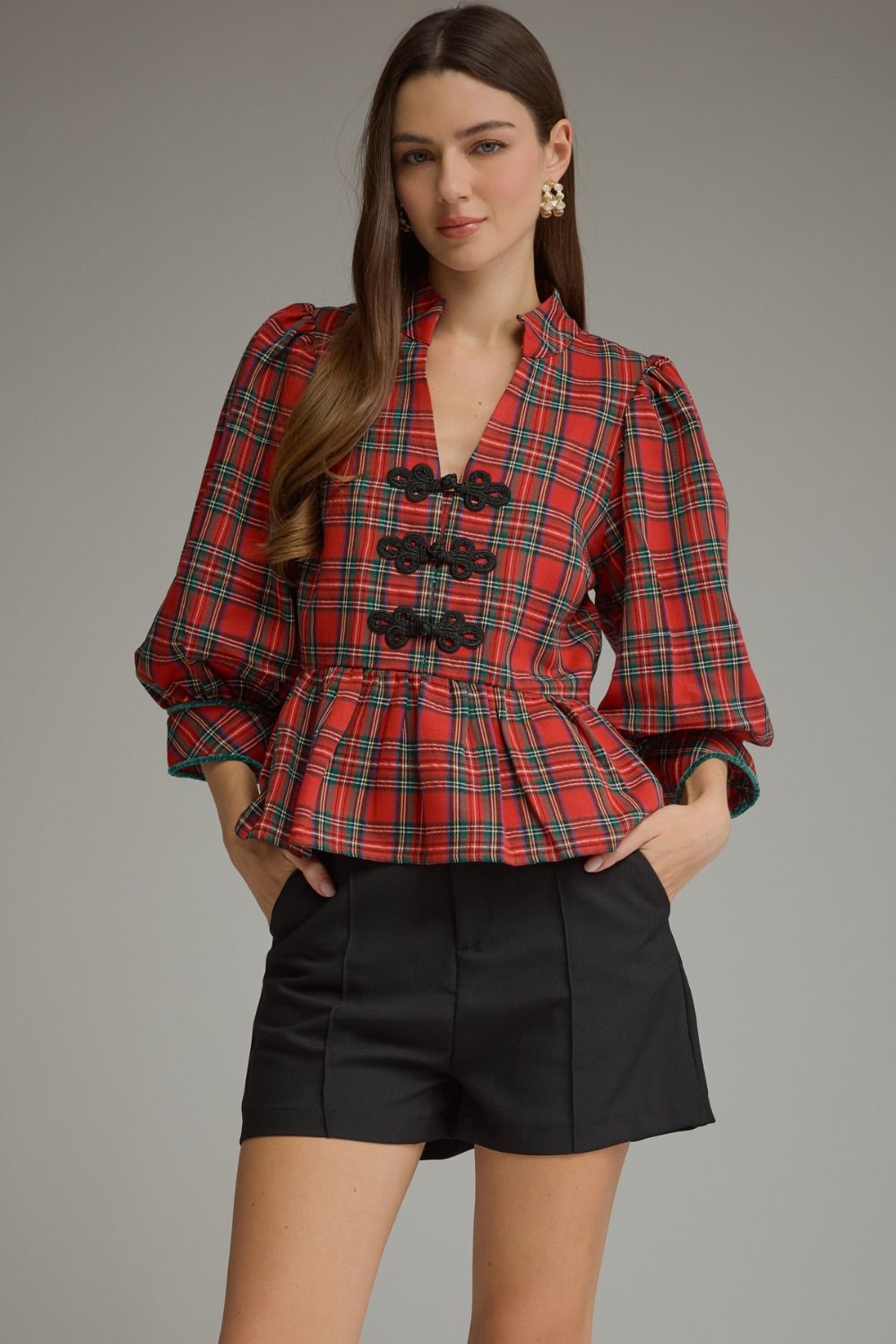 ENTRO INC Women's Top NAVY / S Holiday Plaid Peplum Top with Traditional Knot Details T33924