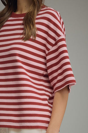 ENTRO INC Women's Top Ribbed Striped Short Sleeve Top