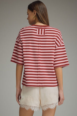 ENTRO INC Women's Top Ribbed Striped Short Sleeve Top