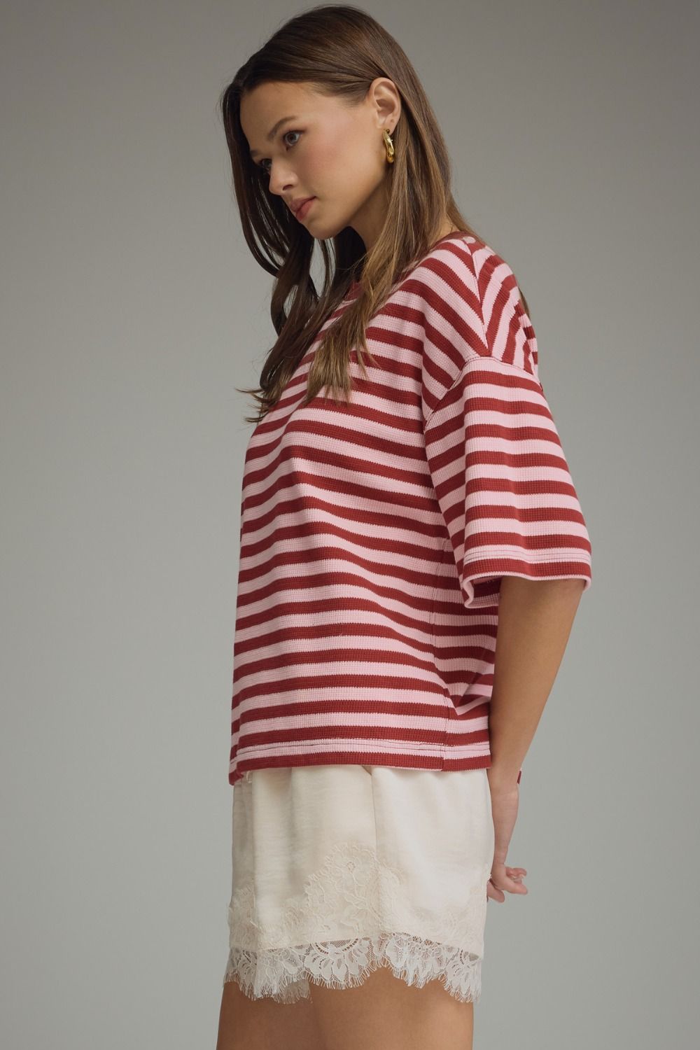 ENTRO INC Women's Top Ribbed Striped Short Sleeve Top