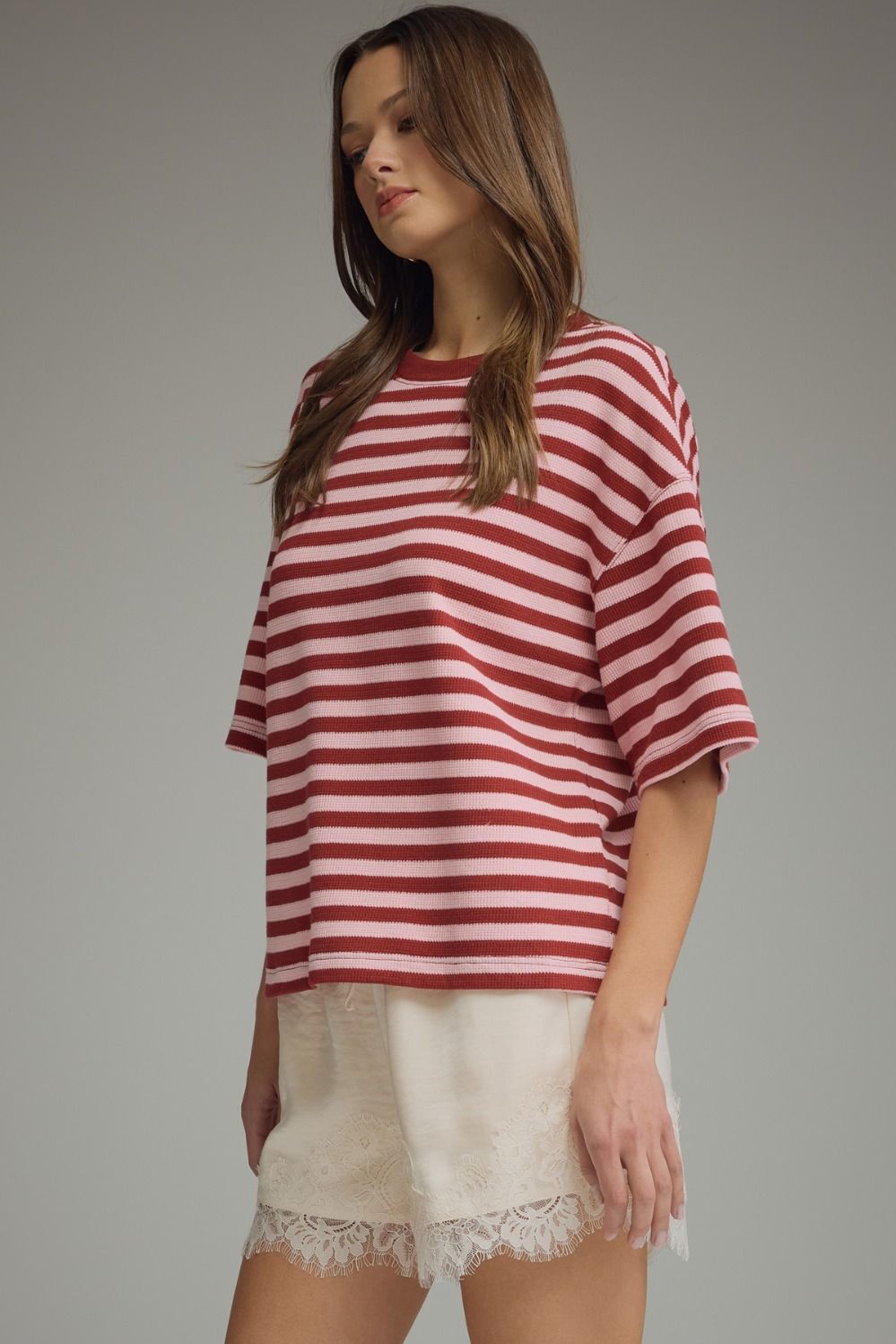 ENTRO INC Women's Top Ribbed Striped Short Sleeve Top