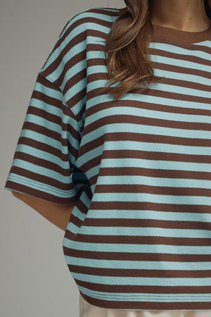 ENTRO INC Women's Top Ribbed Striped Short Sleeve Top